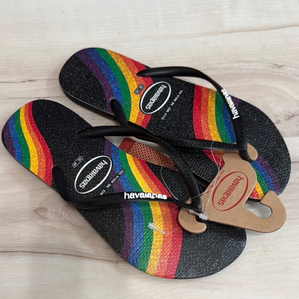 NWT Women's Havaianas Slim Pride Flip Flop Sandal - Black Rainbow - Picture 2 of 12